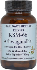 Barlowe's Herbal Elixirs KSM-66 Ashwagandha | Ashwagandha Root Extract | 5% Withanolides | 700mg per Capsule | 60 Veggie Capsules | Stearate Free | Glass Bottle