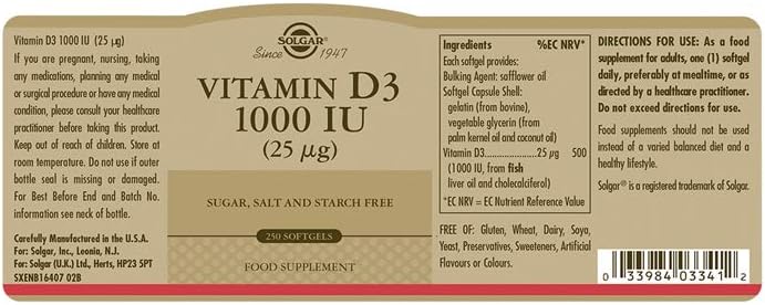 Solgar Vitamin D3 (Cholecalciferol) 25 MCG (1000 IU), 250 Softgels - Helps Maintain Healthy Bones & Teeth - Immune System Support - Non-GMO, Gluten-Free, Dairy Free - 250 Servings, (Pack of 2)