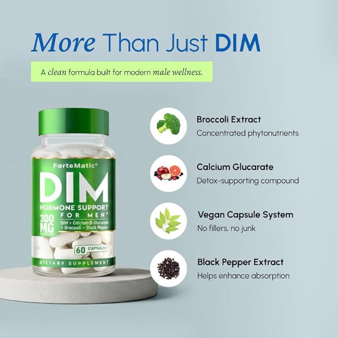 DIM Supplement for Men 300mg | Hormone Support & Balance Formula | Extra Strength Men's Fitness & Vitality Booster with Diindolylmethane, CDG & Sulforaphane | Gluten-Free | 60 Capsules