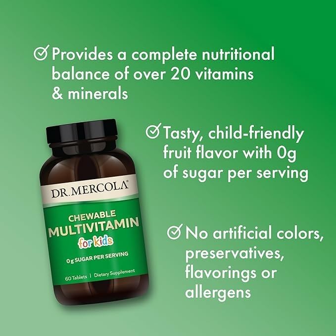 Dr. Mercola Chewable Multivitamin for Kids - 28 Vitamins & Minerals - 0g Sugar - Non-GMO, Gluten-Free & Soy-Free - Natural Orange Flavor - 60 Tablets