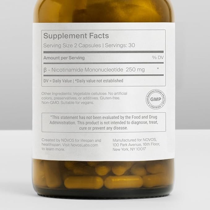 Novos Boost NMN 250mg | Third-Party Tested | Ultra High-Purity for NAD+ Support, Energy & Longevity | Stabilized NMN Supplement for Men & Women | 60 Vegan Capsules (30 Servings)