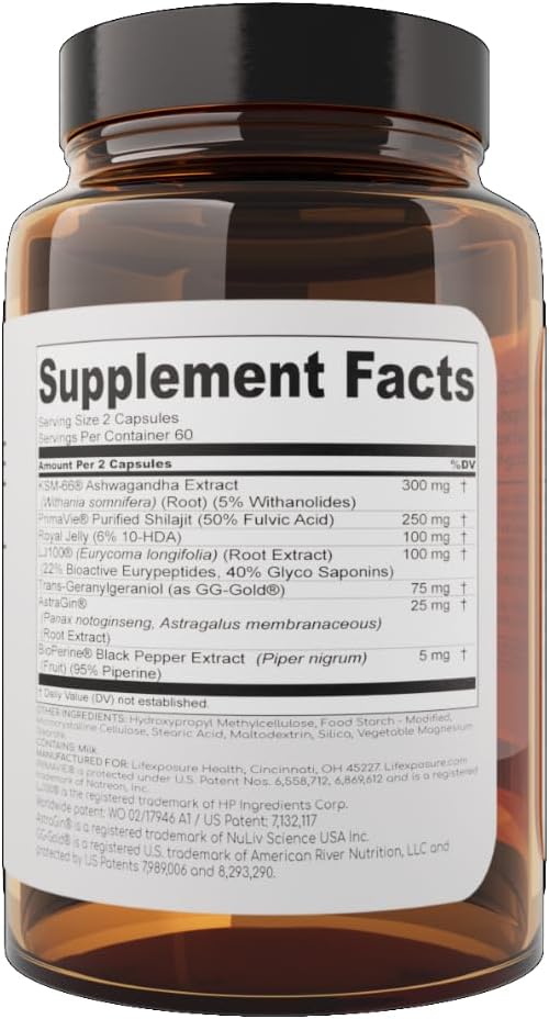 Natural Testosterone Supplement for Men - KSM-66 Ashwagandha, LJ100 Tongkat Ali, PrimaVie Shilajit, Royal Jelly, GG-Gold - Energy, Stamina, & Muscle Support Supplement - 120 Capsules