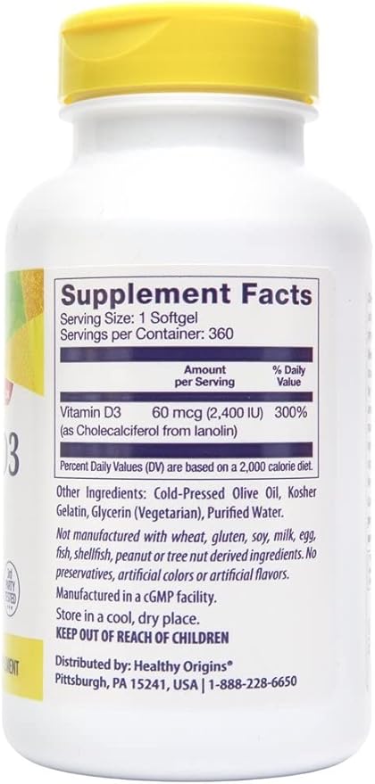 Healthy Origins Vitamin D3 2, 400 Lulanolin Gels, 360 Count