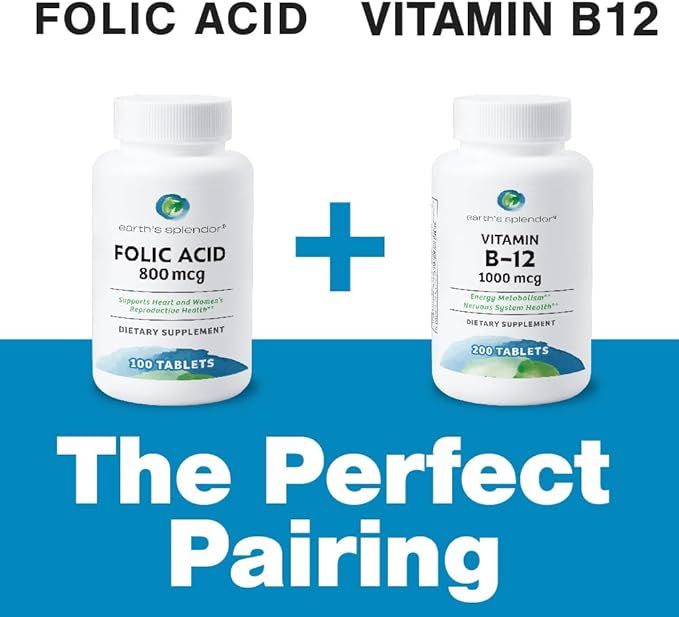 Earth's Splendor Folic Acid 800 mcg Supplement, Supports Heart Health, Supports Women's Reproductive Health, Smooth Coated Tablets (800 mcg, 200 Tablets, Pack of 2)