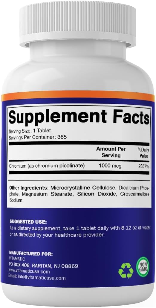Vitamatic Chromium 1000 mcg | 365 Tablets | High Potency Chromium Picolinate | Non-GMO, Gluten Free (Pack of 2)