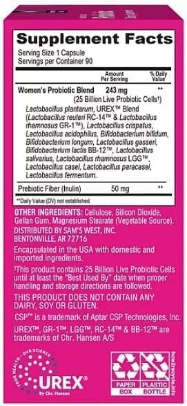 Member's Women's Daily Probiotic Capsules, 25 Billion Cells Vegetarian Probiotics for Digestive Health (90 ct.) with Taha Sticker