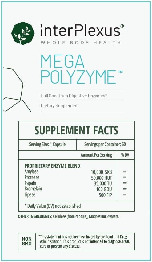 InterPlexus Mega-Polyzyme - Full Spectrum Vegetarian Digestive Enzymes with Bromelain for Gastrointestinal Support - Gluten Free, Dairy Free, Soy Free - 60 Capsules (60 Servings)