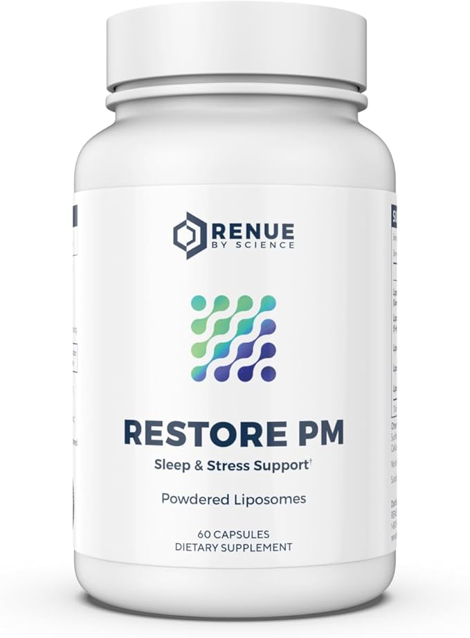 Renue By Science Restore PM | Liposomal Melatonin GABA Supplements | 60 Capsules with Melatonin (1mg) 5HTP (100mg) Glutathione (65mg) Apigenin (75mg) GABA (150mg) - Non-GMO | Made in the USA