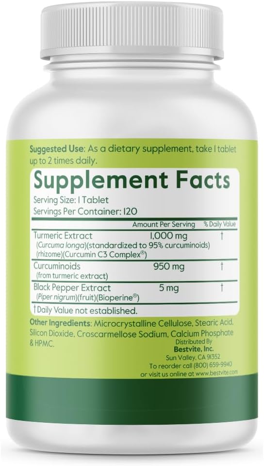 BESTVITE Curcumin 1000mg per Tablet (Turmeric Extract)(120 Tablets) Featuring Clinically Studied Curcumin C3 Complex® & BioPerine® - Standardized to 95% Curcuminoids - Vegan - Non GMO - Gluten Free