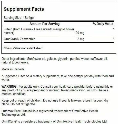 Swanson Lutein & Zeaxanthin Synergistic Eye Health Vision Retina Macula Supplement (Lutein 20 mg & OmniXan Zeaxanthin 2 mg) 60 Softgels Sgels (3 Pack)