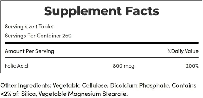 Nature's Bounty Folic Acid 800 mcg Vitamin Supplement Maximum Strength - 250 Tablets, Pack of 2