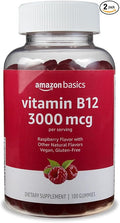 Amazon Basics Vitamin B12 3000 mcg, Normal Energy Production and Metabolism, Immune System Support, 100 Gummies (2 per serving), Pack of 2, Raspberry (Previously Solimo)
