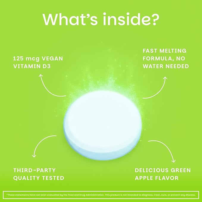 EZ Melts Dissolvable Vitamin D3 5,000 IU - Vegan Vitamin D Supplement for Bone & Teeth Support - No Artificial Flavors - Plant-Based & Non-GMO - Green Apple - 90 Dissolvable Tablets (90 Servings)