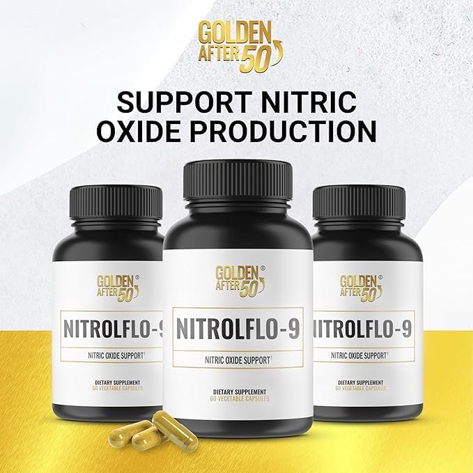 Golden After 50 NitrolFlo-9 - Nature-Powered Nitric Oxide Supplement with Pomegranate Extract, Grape Seed, and S7 - Supports Nutrient Circulation and Optimal Energy - 3 Bottles