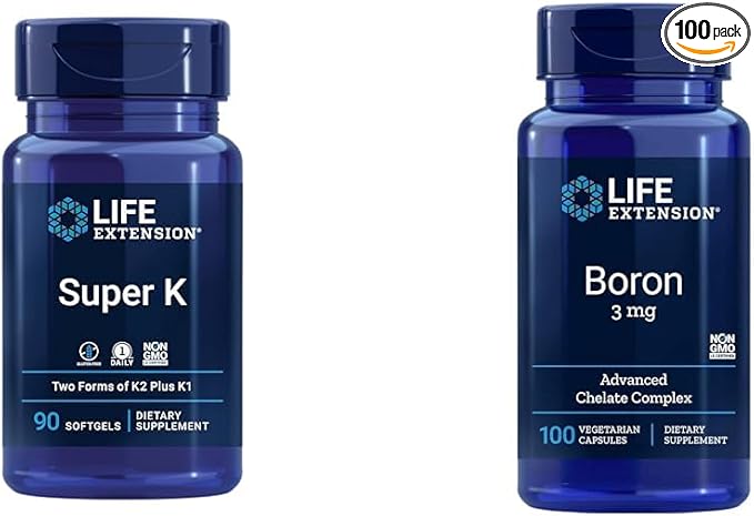 Life Extension Super K Vitamin K1, K2 MK-7, MK-4, Vitamin C, Bone/Heart Health, 3-Month Supply and Boron 3 Mg 100 Vegetarian Capsules