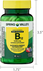 Spring Valley Vitamin B12 Fast Dissolve Tablets, 5000 mcg, Mixed Berry Flavor, Supports Metabolism, 45 Count