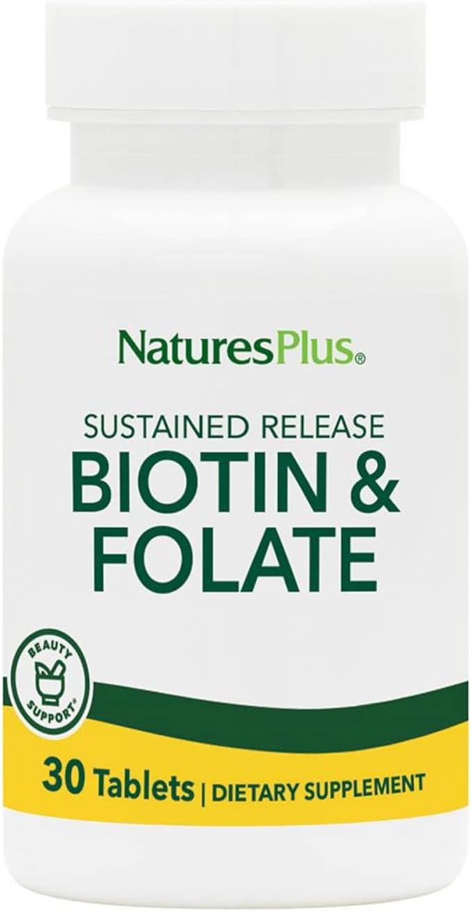 NaturesPlus Biotin & Folic Acid (Folate) - 30 Sustained Release Tablets - Vitamin B Complex for Energy, Beauty, Metabolism & Immune Health - Supports Healthy Skin, Nails & Hair - 30 Servings