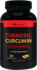 ML Naturals Organic Turmeric Curcumin – 1,800mg, Root Extract 300mg - 120mg Organic Ginger & 15mg Black Pepper (Per Serving) - 90 Vegetable Capsules – Non-GMO