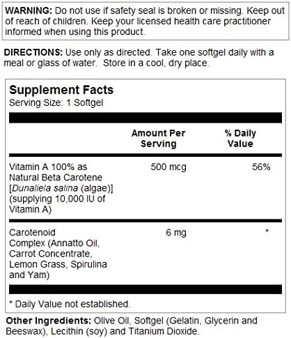 SOLARAY Food Carotene, Vitamin A 10000 IU | Healthy Skin, Eyes, Antioxidant & Immune Support (100 CT)