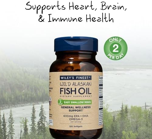 Wiley's Finest Wild Alaskan Fish Oil Easy Swallow Minis - Omega-3 Fish Oil Supplement for Adults and Kids - Double-Strength 630mg EPA and DHA Natural Supplement - 120 Mini Softgels (60 Servings)