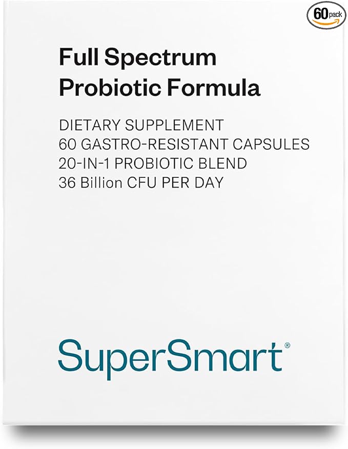 Supersmart Full Spectrum Probiotic Formula 36 Billion CFU per Day (20-in-1 Complex) - with Lactobacillus Reuteri, Gasseri, Rhamnosus, Crispatus | Non-GMO & Gluten Free - 60 Vegetarian Capsules