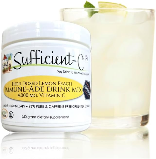 Sufficient-C High-Dosed 4000 mg. Vitamin C Lemon Peach Immune-Ade Drink Mix 250 gram Size - Refreshing with Generously Dosed L-lysine, Bromelain & 96% Pure, Caffeine-Free Green Tea Extract