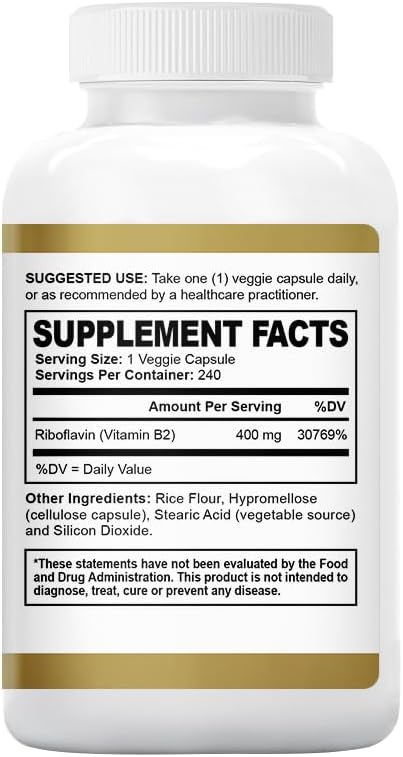Riboflavin Vitamin B2 Supplement - B-2 Vitamin - Boosts Energy Metabolism & Cellular Function - Daily Nutritional Supplements for Men & Women - 400 mg Capsules - 240 Count
