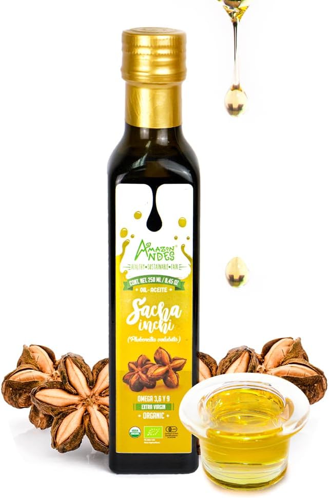 Amazon Andes Organic Sacha Inchi Oil 8.45 fl oz 250ml Glass Bottle - Cold Pressed Extra Virgin - Omega 3 6 9 Fatty Acids - USDA Organic Inca Peanut Oil from Peru - Plant Based Vegan