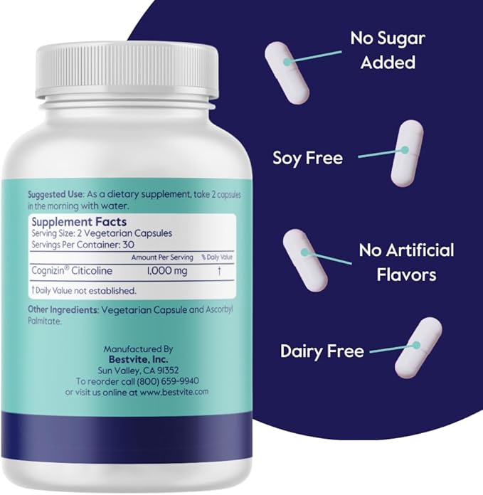 BESTVITE Cognizin Citicoline 500mg (120 Vegetarian Capsules) (60x2) - Clinically Studied Premium Choline Nootropic - No Stearates - Vegan - Gluten Free - Brain Supplements for Memory and Focus