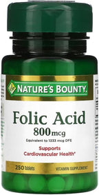 Nature's Bounty Folic Acid 800 mcg Vitamin Supplement Maximum Strength - 250 Tablets, Pack of 2