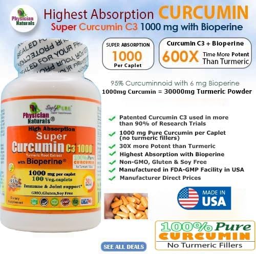 Super Curcumin C3 1000 with Bioperine® | 1000 mg High Absorption Curcumin | 95% Curcuminoids | Joint & Mobility Support | 100 Veg Caplets | Non-GMO, Gluten Free*