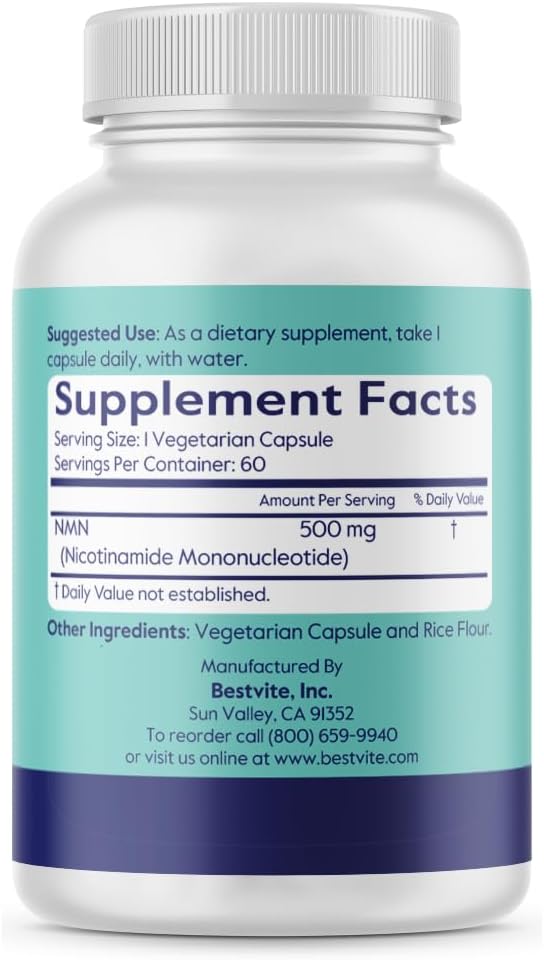 BESTVITE NMN 500mg (60 Vegetarian Capsules) - No Stearates - Vegan - Gluten Free - Non GMO