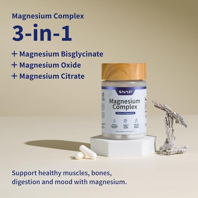 Snap Triple Magnesium Complex for Women & Men for Sleep & Muscle Support – 400mg, 3-in-1 Magnesium Supplement – Bisglycinate, Citrate & Oxide – Chelated for High-Absorption, 60 Vegetarian Capsules