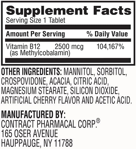 Earth's Splendor Quick Dissolve B12 2,500 mcg for Energy & Immune Support - Non-GMO, Vegan & Gluten-Free - Cherry Flavor- 90 Tablets