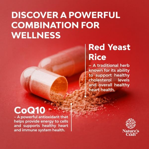Red Yeast Rice with CoQ10 Supplement - Advanced Healthy Heart & Healthy Cholesterol Levels Formula for Men & Women - Red Yeast Rice Capsules with 1200mg per Serving and CoQ10-240 Count