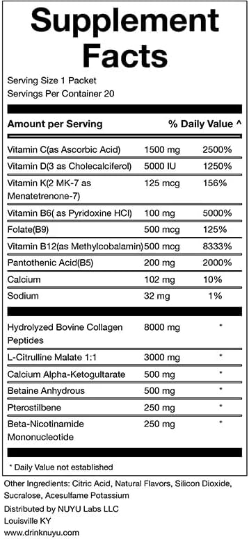 NUYU Labs Daily NMN Longevity Drink, All-in-One Anti-Aging Supplement with Pterostilbene, TMG, Calcium AKG, Collagen Peptides, B Complex, Vitamins B, C, D3, K2-MK7 (Lemon-Lime)