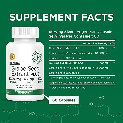 Grape Seed Extract Plus-Vitis Vinifera (60 Capsules)-60,000 mg Strength, 60 Vegan Capsules, 465mg Polyphenols (Proanthocyanidins), Potent 120:1, 2 Month Supply, Non-GMO and All-Natural