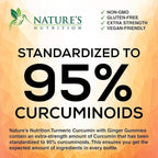 Turmeric Curcumin Supplement Gummies - 95% Curcuminoids with Turmeric & Ginger, Black Pepper for Best Absorption, Nature's Vegan Joint Support, Non-GMO, Gluten Free, Tasty Peach Flavor - 60 Gummies