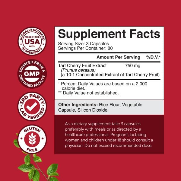 Natures Craft Extra Strength Tart Cherry Capsules - Tart Cherry Extract Capsules for Uric Acid Cleanse for Kidney Support - Fruit Extract Supplement for Urinary Tract Health & Joint Support - 240 Ct