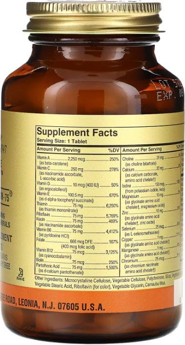 Solgar Iron-Free Formula VM-75, 90 Tablets - Multivitamin with Chelated Minerals - Vitamin A, B6, B12, C, D, E - Biotin, Magnesium, Calcium, Zinc - Vegan, Gluten & Dairy Free, Kosher - 90 Servings