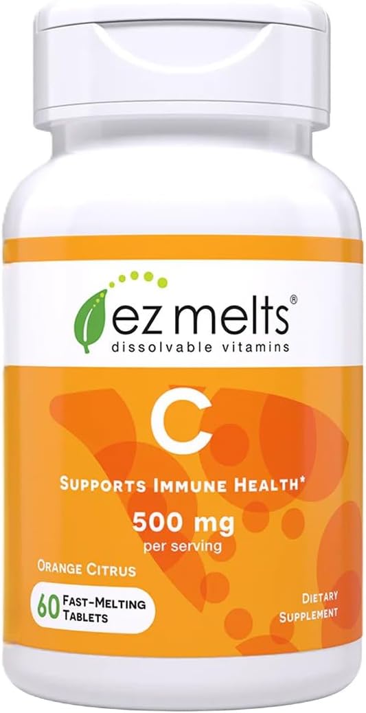 EZ Melts Vitamin C - Daily Vitamin for Antioxidant & Immune Support - No Artificial Flavors - Non-GMO & Sugar-Free - Orange Citrus - 60 Dissolvable Tablets (30 Servings)