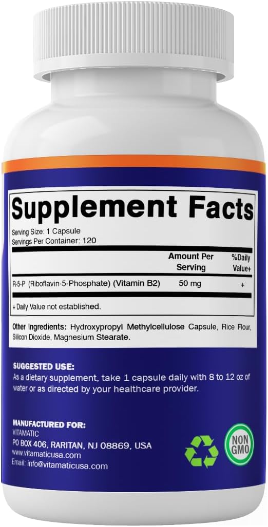 Vitamatic R-5-P Riboflavin-5-Phosphate (Vitamin B2) 50 mg | 120 Capsules | High Potency, Easy-to-Swallow Vegetarian Capsules (Pack of 2)