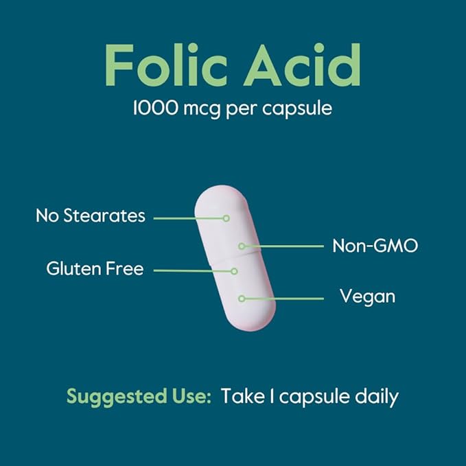 BESTVITE Folic Acid 1000mcg (Vitamin B9) (240 Vegetarian Capsules) - No Dicalcium Phosphate - No Stearates -No Silicon Dioxide - Non GMO - Gluten Free