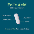 BESTVITE Folic Acid 1000mcg (Vitamin B9) (240 Vegetarian Capsules) - No Dicalcium Phosphate - No Stearates -No Silicon Dioxide - Non GMO - Gluten Free