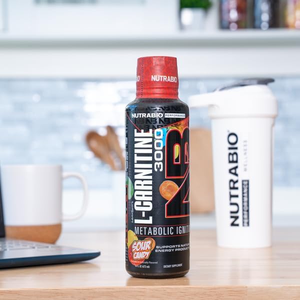 NutraBio L-Carnitine Liquid Shots 3000mg (Sour Candy) 10mg of Vitamin B-5 Zero Carbs & Sugars Energy Production Muscle Recovery
