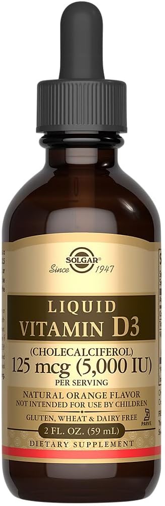 Solgar Liquid Vitamin D3 125 mcg (5,000 IU), 2 fl oz - Delicious, Natural Orange Flavor - Helps Maintain Healthy Bones & Teeth - Immune System Support - Gluten Free, Dairy Free, Kosher - 59 Servings