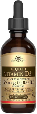 Solgar Liquid Vitamin D3 125 mcg (5,000 IU), 2 fl oz - Delicious, Natural Orange Flavor - Helps Maintain Healthy Bones & Teeth - Immune System Support - Gluten Free, Dairy Free, Kosher - 59 Servings