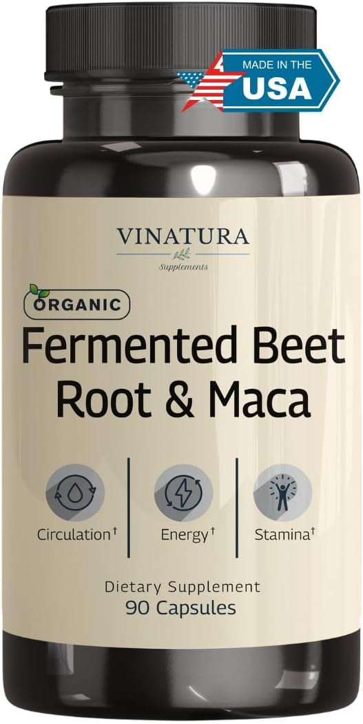 VINATURA Organic Fermented Beet Root with Maca, 1200MG - USA Made and Tested, 90 Capsules