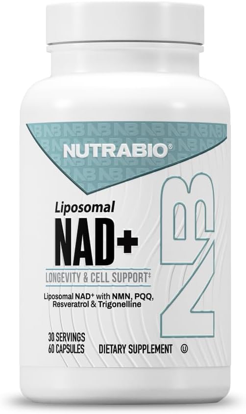 NutraBio Liposomal NAD+ Supplement with Resveratrol, NMN & PQQ for Longevity and Cell Support for Men and Women, Long-Term Vitality, 60 Capsules