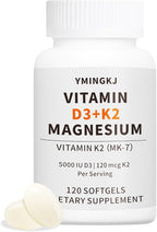 Vitamin D3 K2 5000 IU 120 Softgels with Magnesium Supplement - & 120mcg MK-7 K2 for Bone Health & Immune Support - Non-GMO & Gluten-Free Softgels with MCT Oil